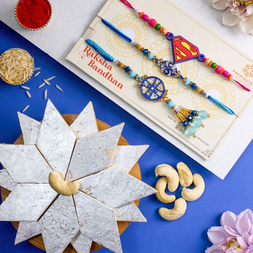 Wonderful Family Rakhi Set N Kaju Katli Combo